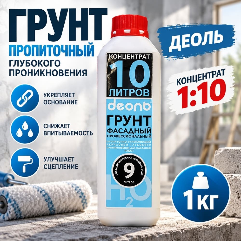Грунт пропиточный глубокого проникновения 1кг, ДЕОЛЬ, концентрат 1:10 фасад. профессиональный, 1/15