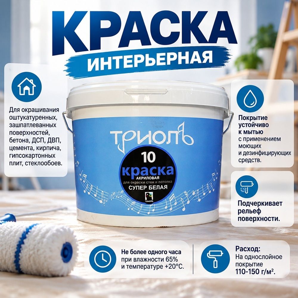 Краска интерьерная 1,4кг В/Д, Триоль-10, ГОСТ акрил. белая матовая, 12/12