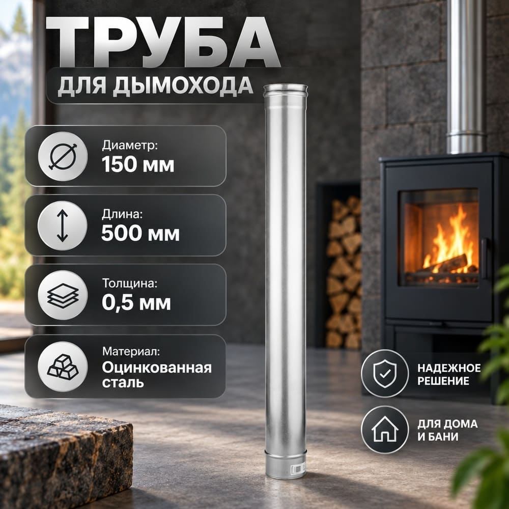 Труба оцинк 150*500 Оц 0,5 мм д/дымохода, 1/1