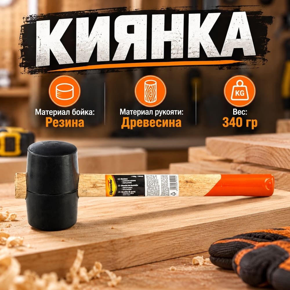 Киянка резиновая 340гр черная, деревянная ручка 111405, 1/12/48