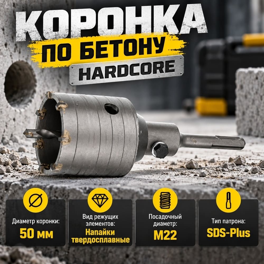 Коронка по бетону 50мм в сборе Hardcore, 1/36