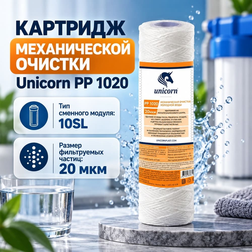 Картридж мех. очистки 10 20 мкм UNICORN, веревочный, PP 1020, 5/50