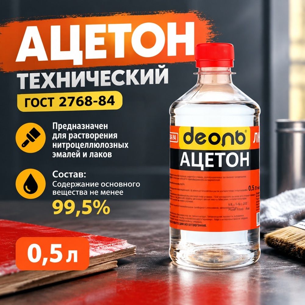 Растворитель Ацетон 0,5л, ДЕОЛЬ, ГОСТ, 24/24