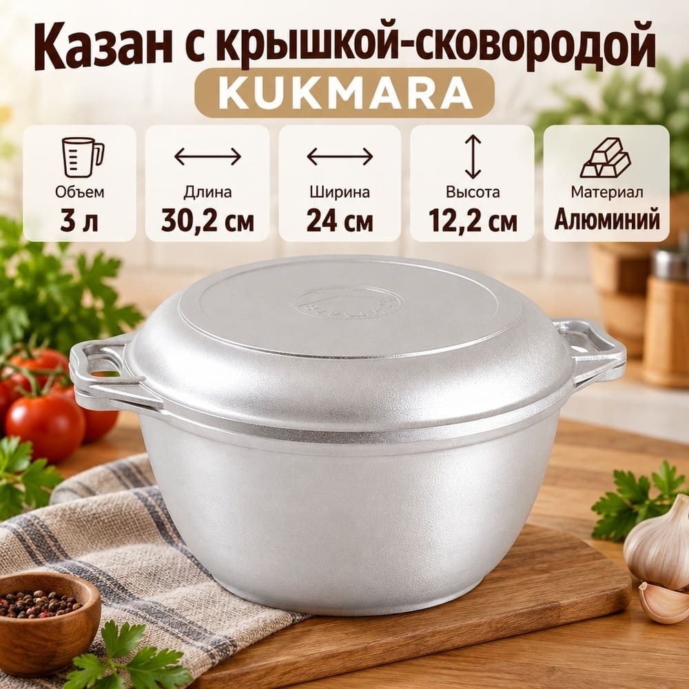 Казан 3. 0 л с крышкой-сковородой к34 KUKMARA, 1/5