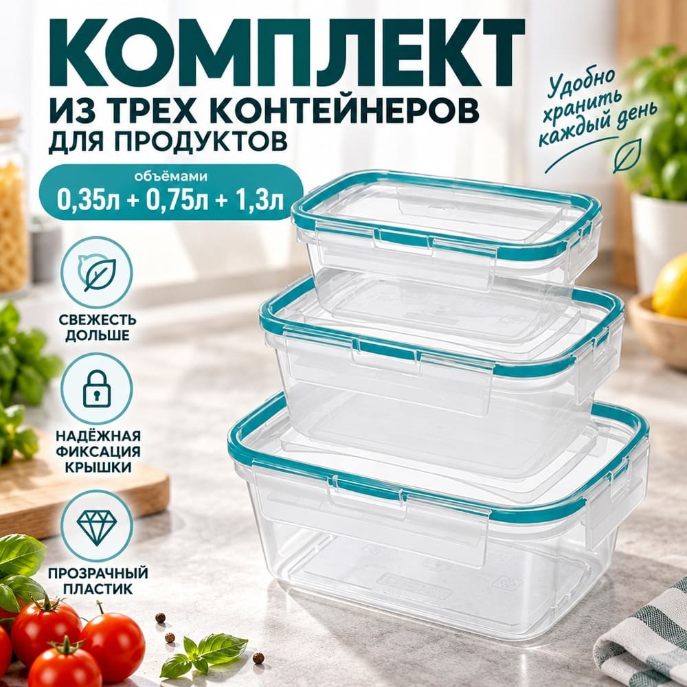 Контейнер для продуктов, 0,35л+0,75л+1,3л, прямоугольный с защелками, зеленый, 1/20