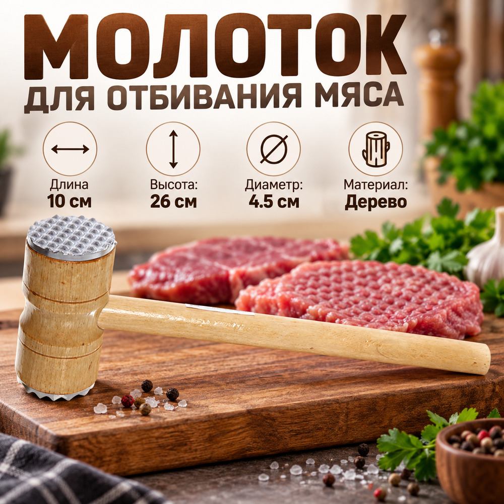 Молоток для отбивания мяса деревянный 26см, 1/120