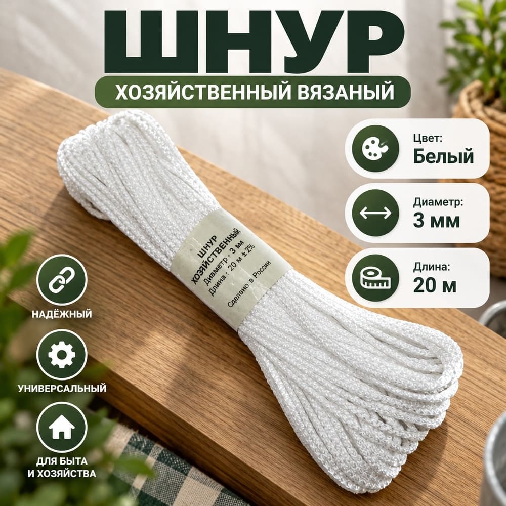 Шнур хоз. вязаный п/п 3мм 20м белый, 5/200