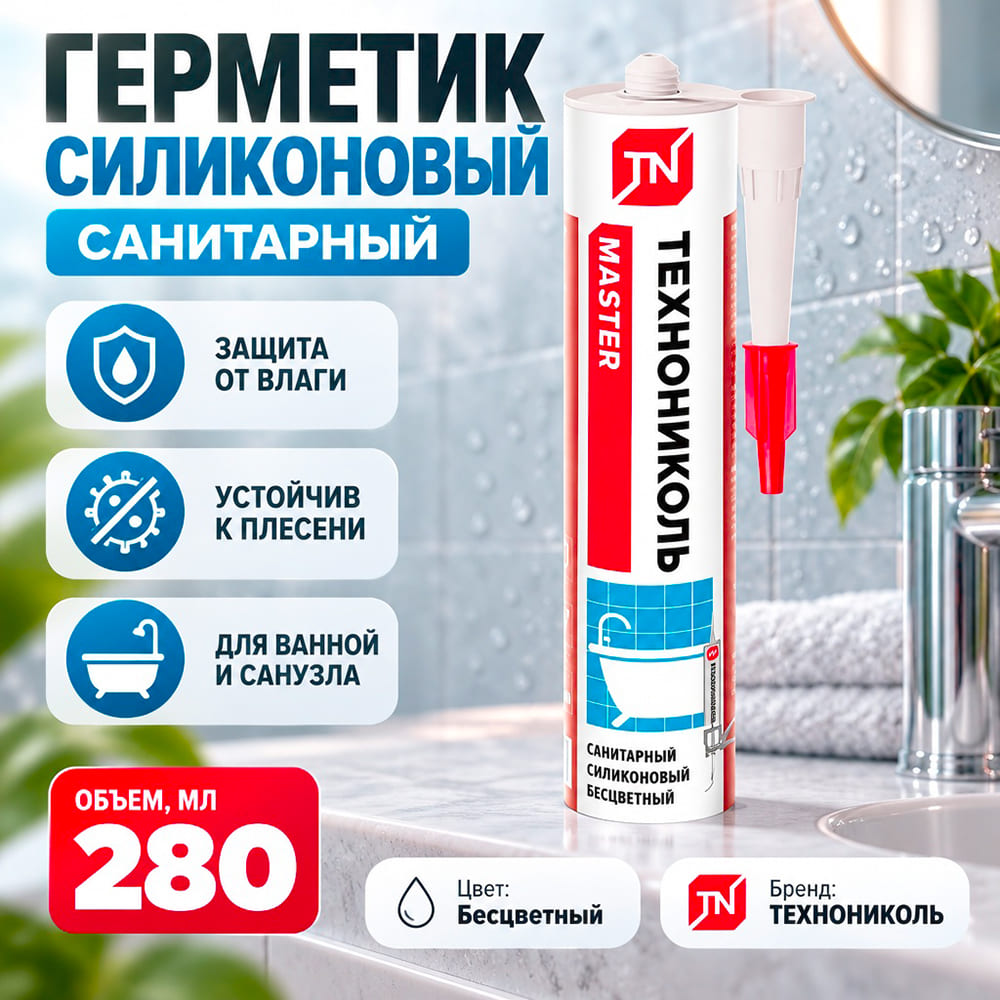 Герметик силиконовый санитарный бесцветный 280мл ТЕХНОНИКОЛЬ картридж, 1/12