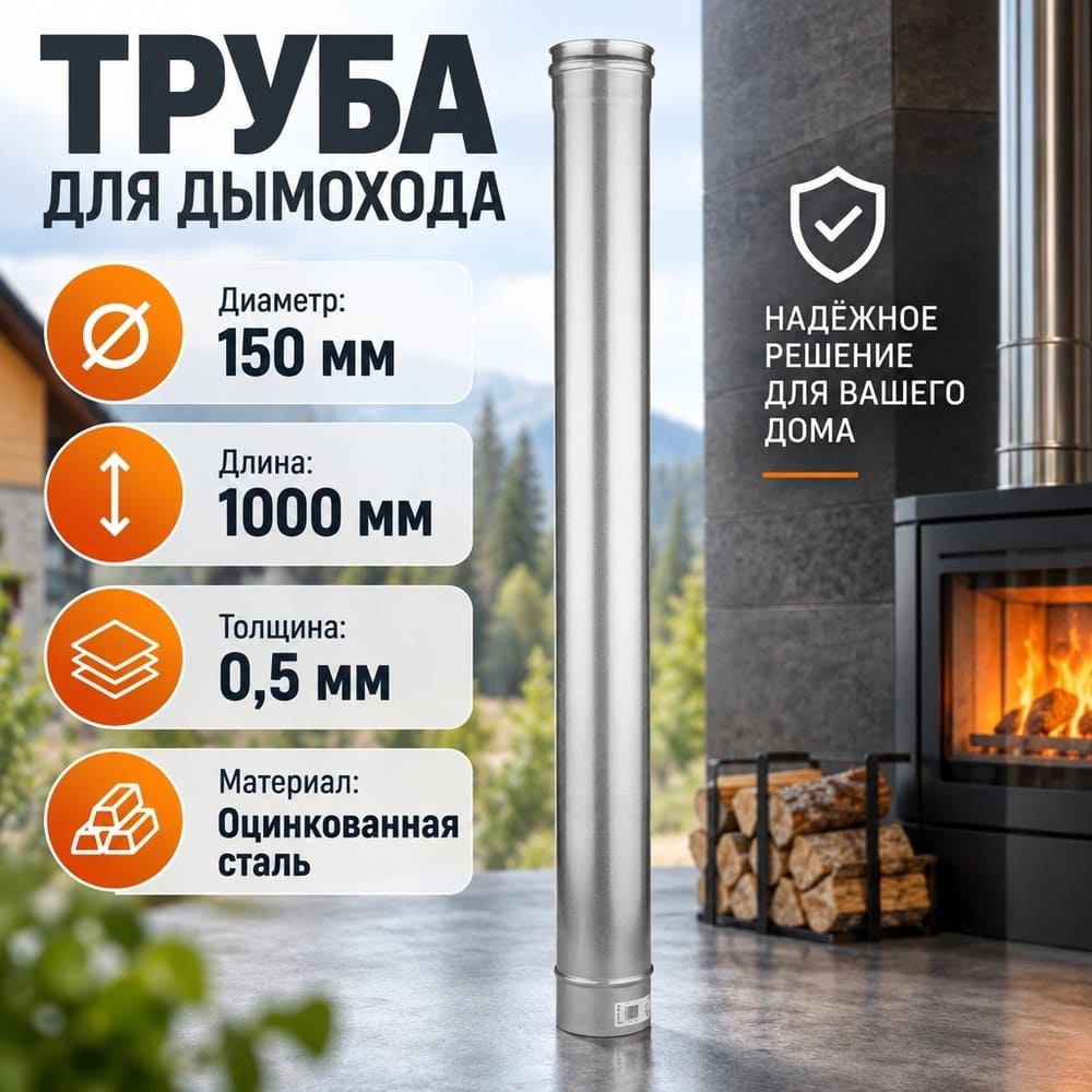 Труба оцинк 150*1000 Оц 0,5 мм д/дымохода, 1/1