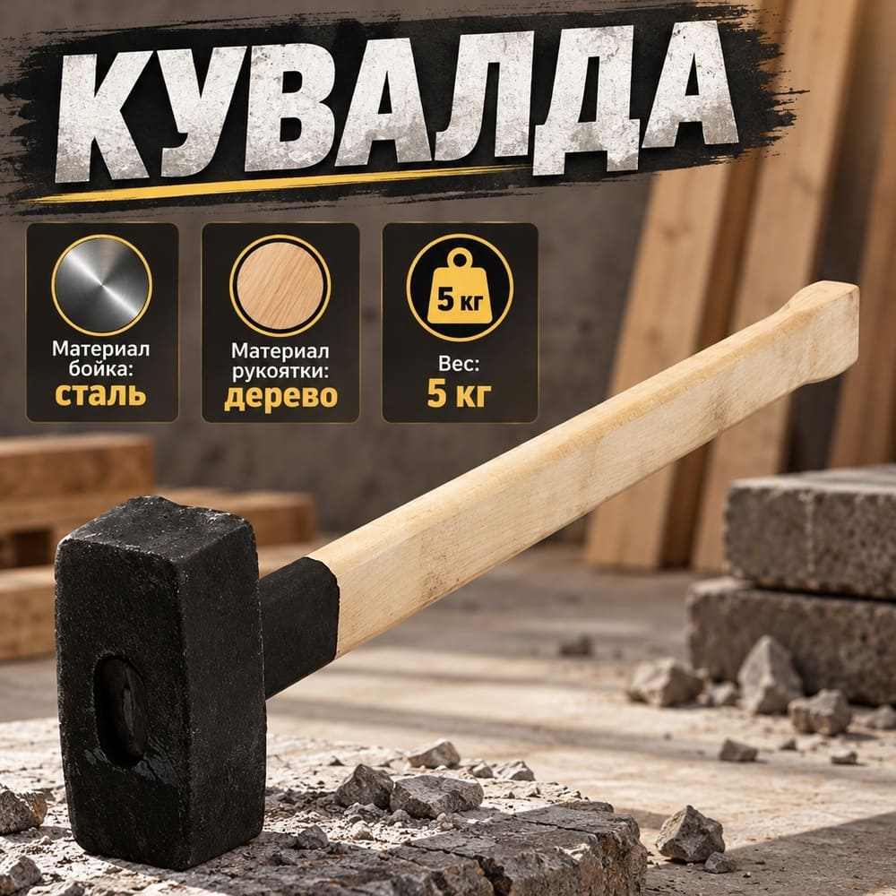 Кувалда 5кг с деревянной ручкой, Павлово, 1/1