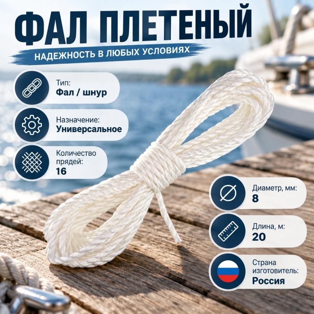 Фал плетеный d-8 20м с/с ПП 16пр, d=8мм 20м, 1/16
