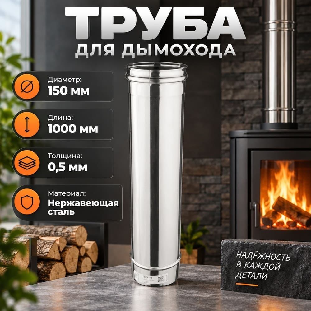 Труба нерж 150*1000 Нз 0,5 мм д/дымохода, 1/4