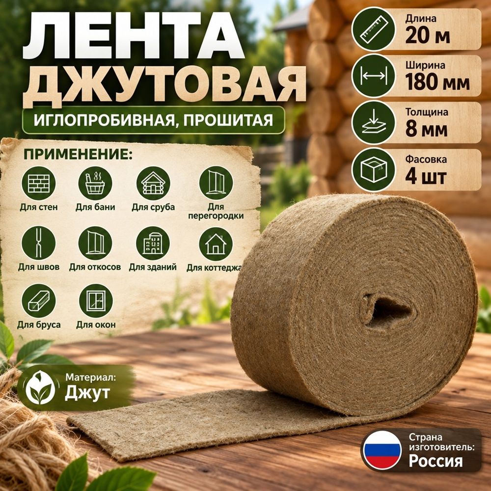 Лента джутовая, пакля, 180мм*8мм*20м для прокладки м/у бревен, прошивной, цена за уп. 4 шт, 1/1