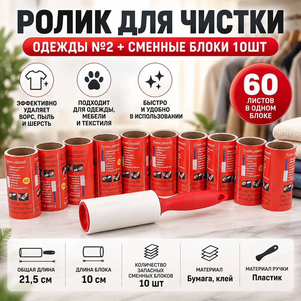Ролик для чистки одежды №2 + сменные блоки 10шт, 60 листов 1/48