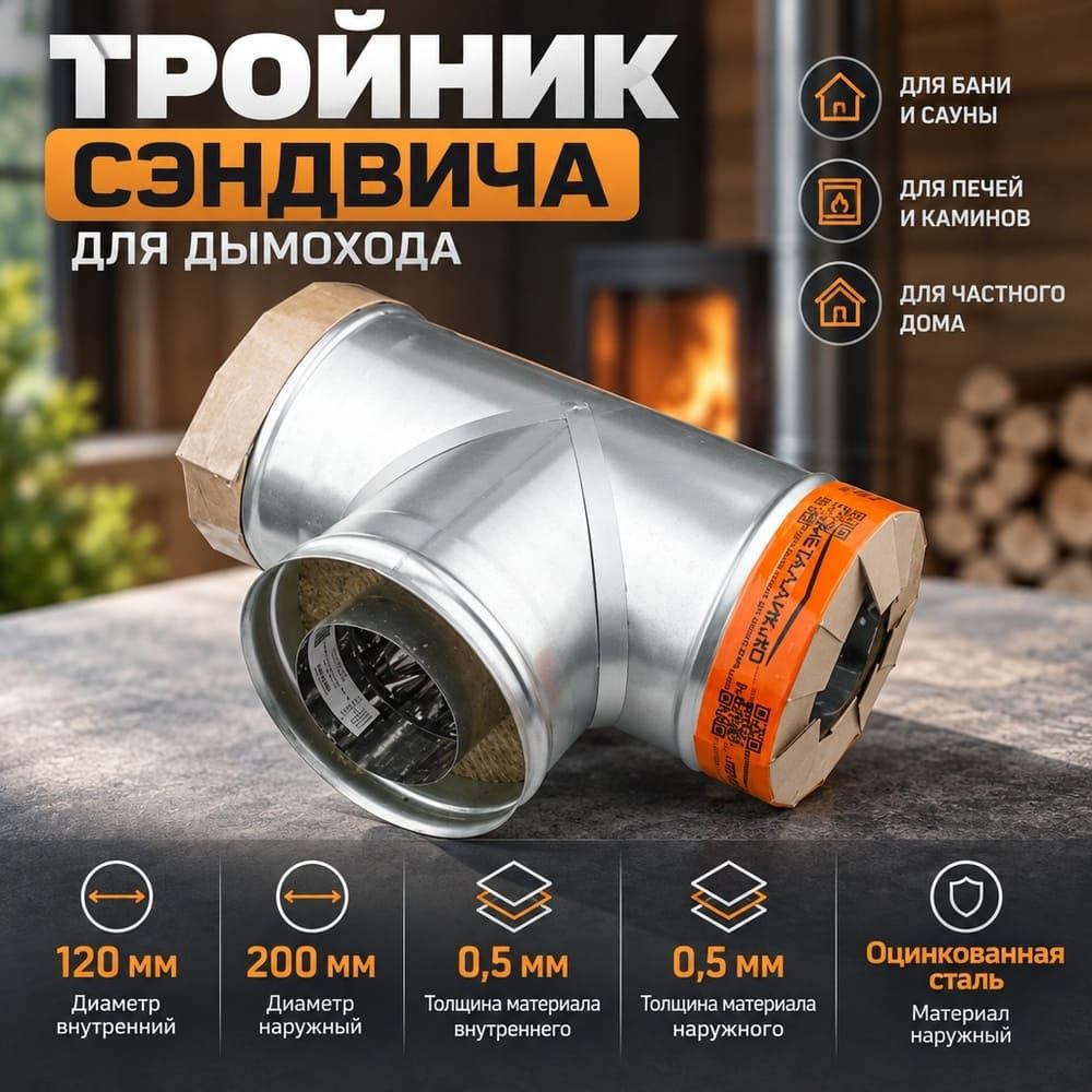 Тройник сэндвича 90*200*120 Оц 0,5 мм + Нм 0,5 мм д/дымохода, 1/1