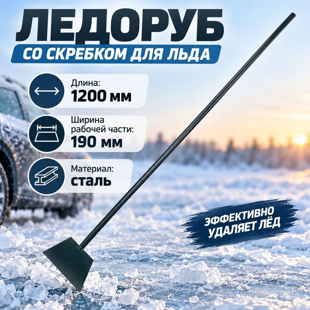 Ледоруб со скребком для льда 190 мм с металл. черенком L-1200, 10/10