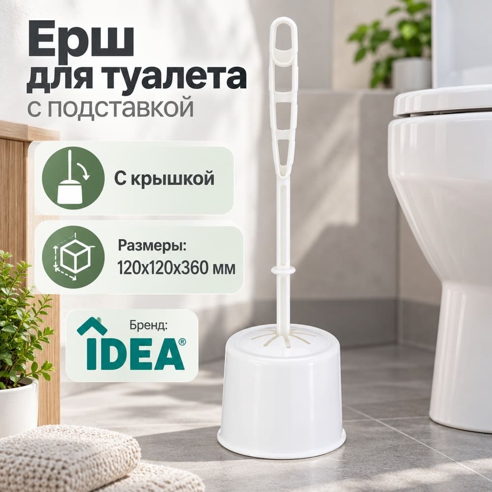 Ерш для туалета с подставкой КЛАССИК с крышкой, белый, 1/24