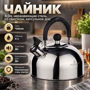 Чайник 4,0л, нержавеющая сталь, со свистком, капсульное дно GH-0618, 1/12