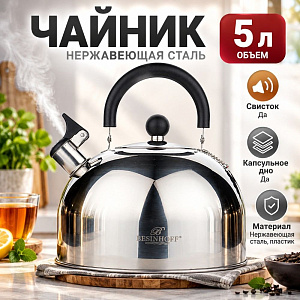 Чайник 5,0л, нержавеющая сталь, со свистком, капсульное дно GH-0620, 1/12