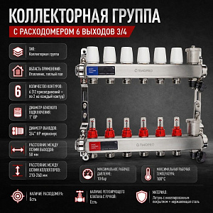 Коллекторная группа с расходомером 6 вых. 3/4 нерж. сталь с регулирующими клапанами, автомат возд и дренаж. клапанами, евроконус, OTMO, 1/4