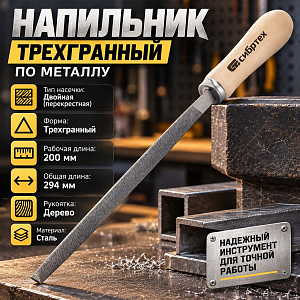 Напильник трехгранный 200 мм, деревянная ручка, Сибртех