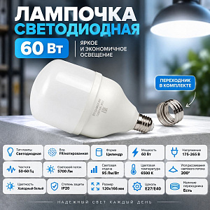 Лампочка светодиодная E27 60Вт VHPLED-LC-60W-E27-6500, 5700Лм, 220V 6500K IP20мм, VKL electric, переходник E40, 1/40