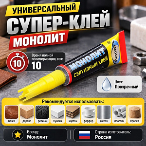 Клей универсальный секундный 3г Супер-клей Монолит, Россия, 12/288