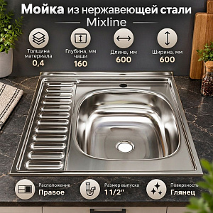 Мойка нерж. квадрат 60*60см 0,4мм прав. вып 1 1/2, глуб чаши 16см, без крепления и сифона MIXLINE, 1/20