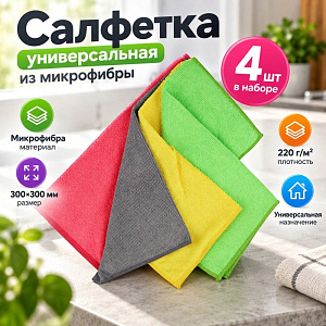 Салфетка универсальная из микрофибры набор 4 шт, 30х30 см 220г/м2, 1/6/180
