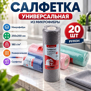 Салфетка универсальная из микрофибры рулон 20 шт, 25х25 см 180г/м2, 1/360