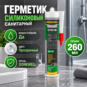 Герметик силиконовый санитарный прозрачный 260мл DONEWELL от +5°С до +40°С, лето, DSSIL260S-0, 1/20
