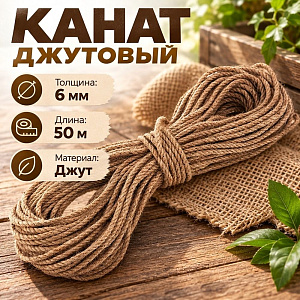 Канат, веревка, джутовый 6мм, 50м, 1/8