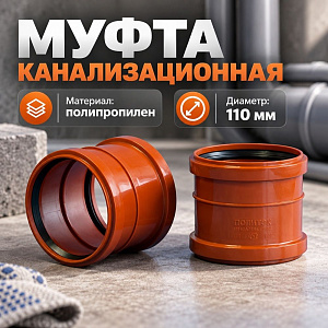 Муфта канализационная двухраструбная наруж. , рыжий, 110 Политэк, 5/90