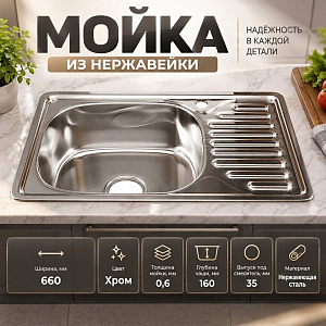 Мойка нерж. 42*66см 0,6мм лев вып 3 1/2, глуб чаши 16см, с сифоном MIXLINE, 1/10