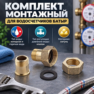 Комплект монтажный для водосчетчиков БАТЫР, американка1/2 2 шт, Латунь, 4/100