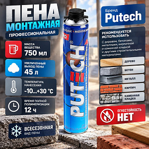 Пена монтажная профессиональная 750мл PUTECH PRO -10С, всесезон. , 16/16