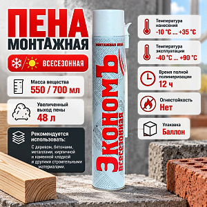 Пена монтажная бытовая 700мл ЭКОНОМ -10С всесезон. , 16/16