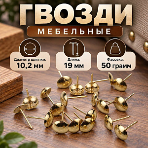 Гвозди мебельные Ø10.2 х 19мм, 50гр, золото, 10/100/400