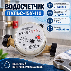 Водосчетчик ПУЛЬС-15У-110 универсальный, антимагнитный, без соеденительного комплекта Февраль 2026 1/20