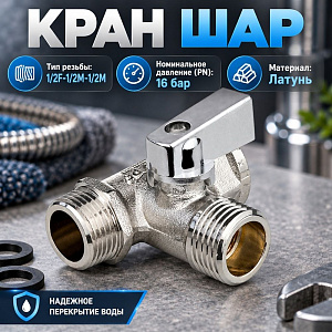 Кран шар. 1/2х1/2х1/2, г/ш/ш, ник. латунь