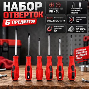 Набор отверток 6 предметов, комбинированная ручка 6*100*125*150мм, 1/60