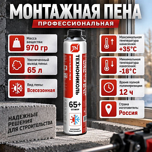 Пена монтажная профессиональная 820г ТЕХНОНИКОЛЬ OPTIMUM 65+ всесезон. , 12/12