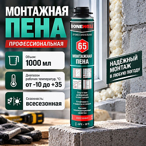 Пена монтажная профессиональная 1000мл DONEWELL всесезонная 65, 850гр, –10°С до + 35°С, 12/12