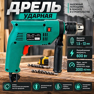 Дрель ударная 600 Вт ДЭУ-010 ДИФМАШ, 3000 об/мин, патрон 13 мм, реверс, 1/10