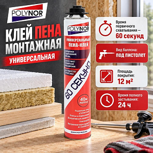 Клей пена монтажная универсальная 60 секунд POLYNOR, 12/12