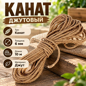 Канат, веревка, джутовый d 6мм, 10м, 1/40
