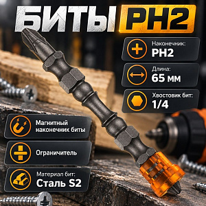 Биты PH2 65мм Барракуда сталь S2 с ограничителем, с магнитным наконечником, цена за 10шт, 1/100
