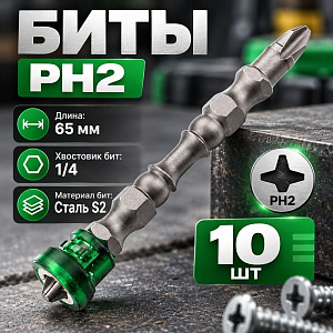 Биты PH2 65мм SPETSTEXNIK сталь S2 с ограничителем, с магнитным наконечником, цена за 10шт, SP, 1/100