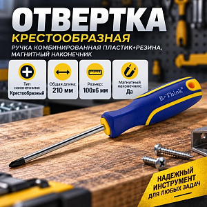 Отвертка 6*100 мм крестообразная ручка комбинированная пластик+резина, магнитный наконечник, 3/12/240
