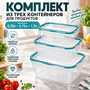 Контейнер для продуктов, 0,35л+0,75л+1,3л, прямоугольный с защелками, зеленый, 1/20
